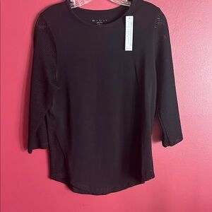 E.L.I. Black Crewneck Top with Mesh Sleeves and Mesh on Sides at Bottom